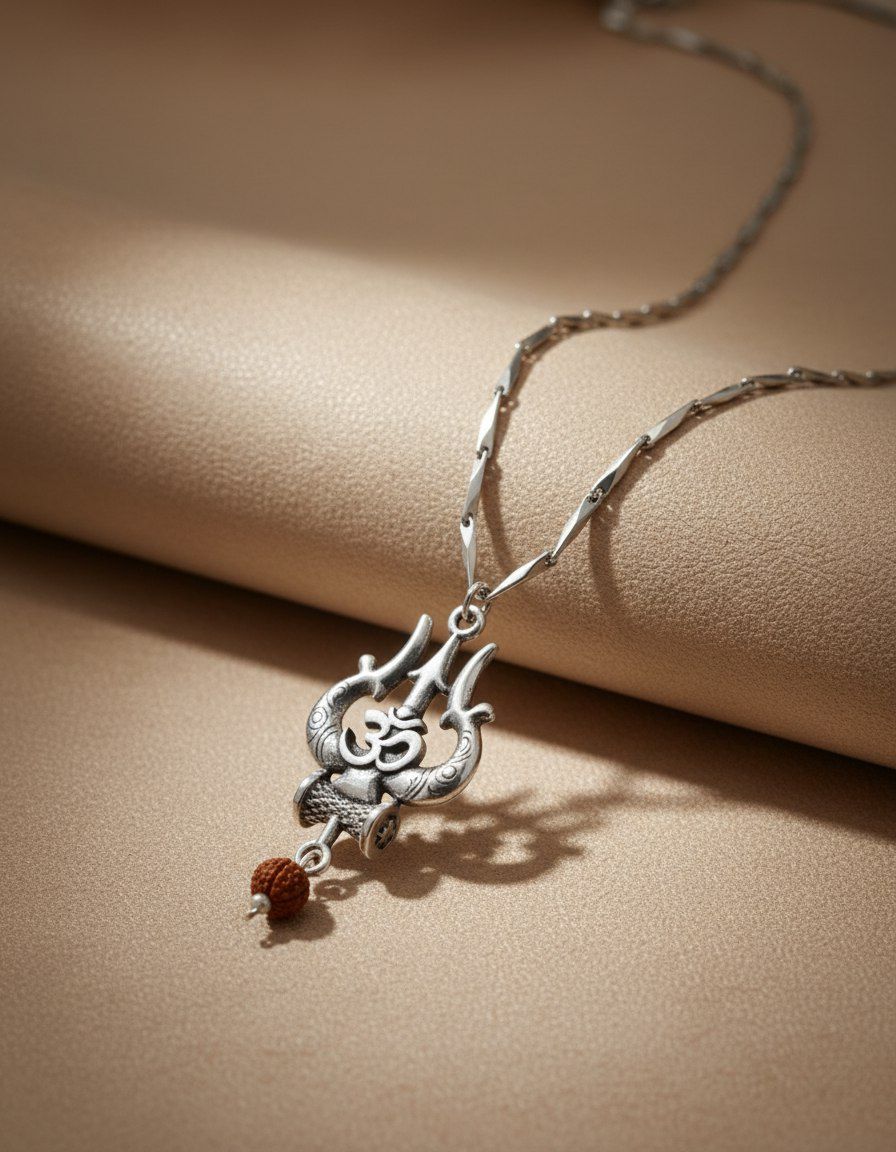 Oxidised Silver Trishul Om Rudraksh Necklace