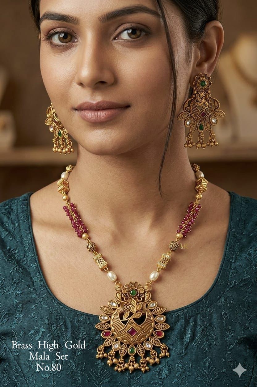 Traditional Round Pendant Brass Mala Set with Pearl Drop