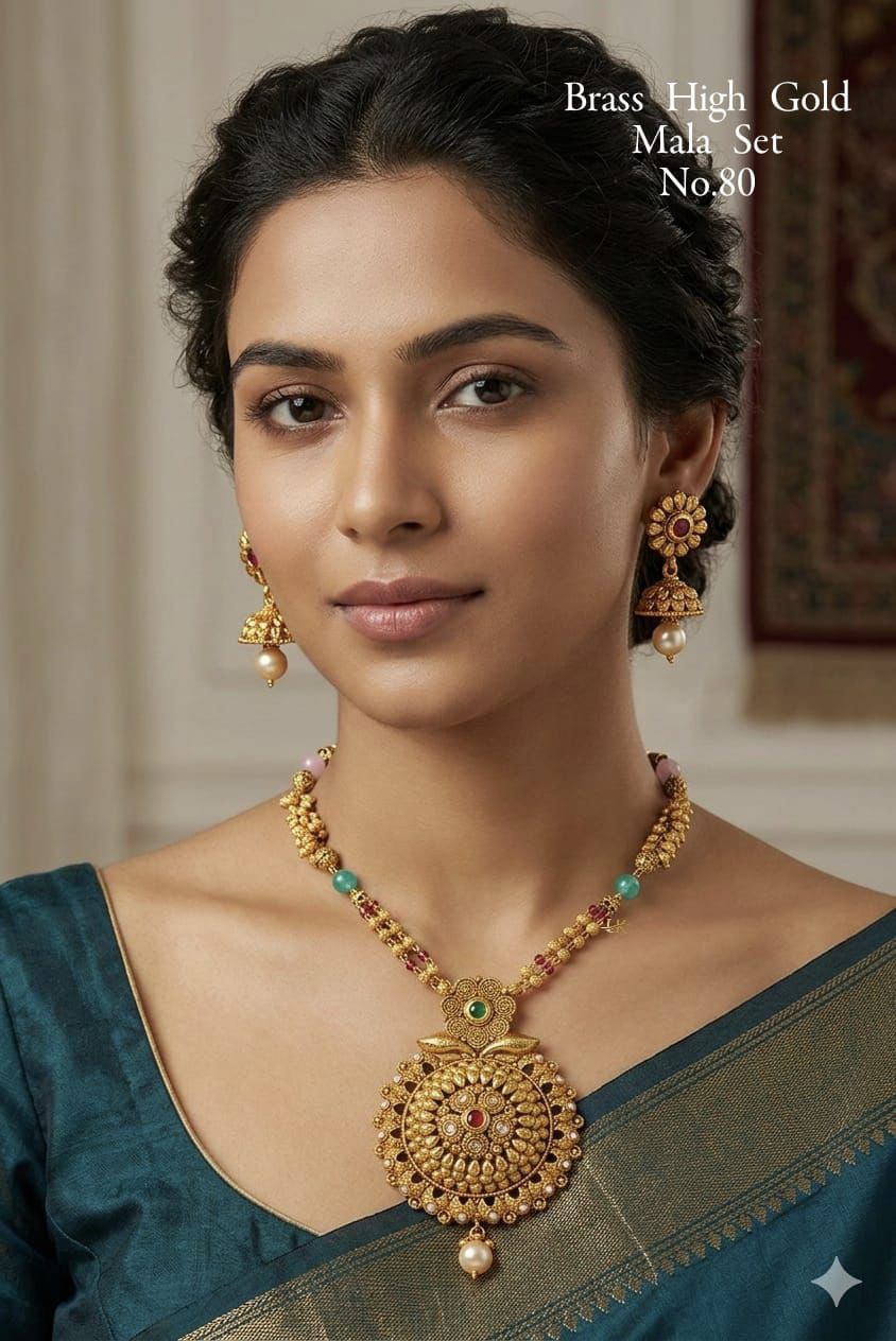 Traditional Round Pendant Brass Mala Set with Pearl Drop