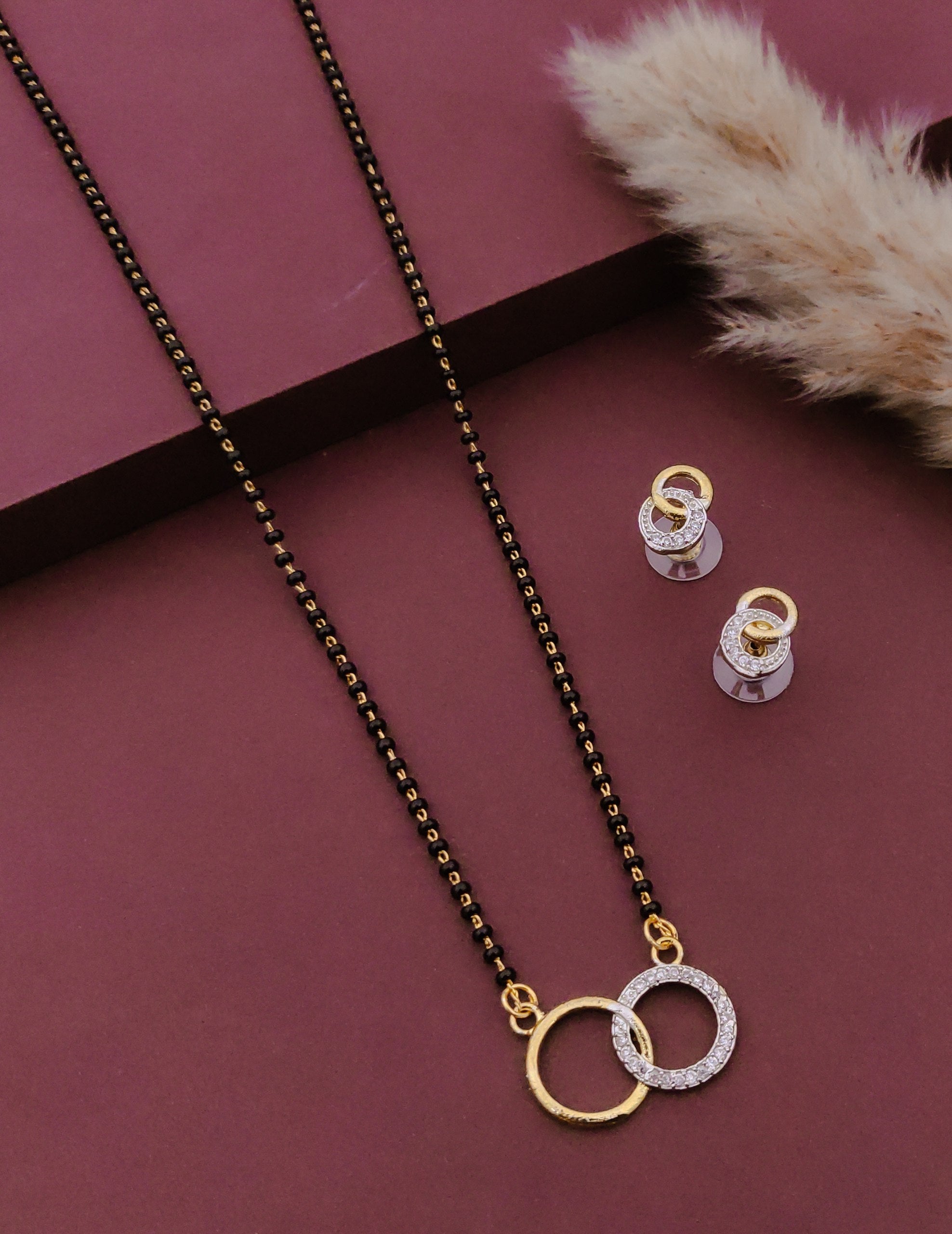 American Diamond Interlocking Circle Mangalsutra Set – Gold Tone & Black Bead Jewellry