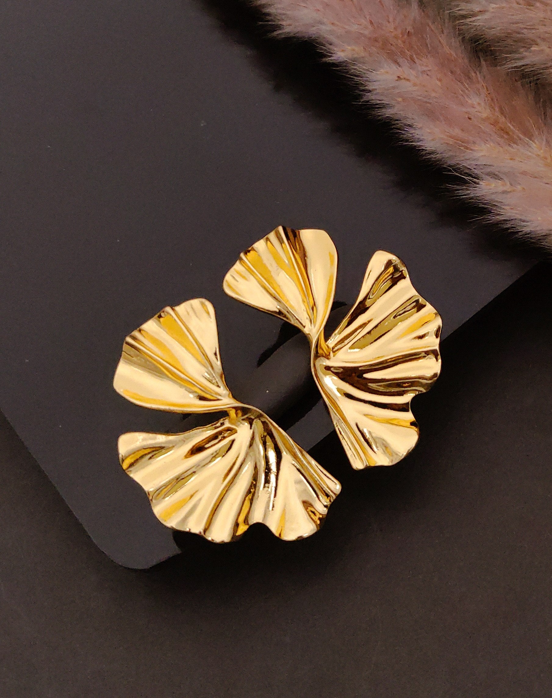 Modern Rippled Fan Statement Earrings - Gold Plated